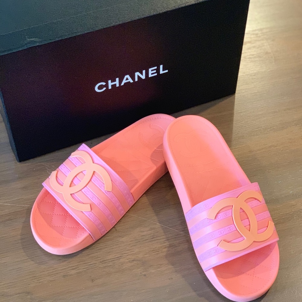 Chanel Orange/Pink CC Logo Pool Slide Flip Flop 37